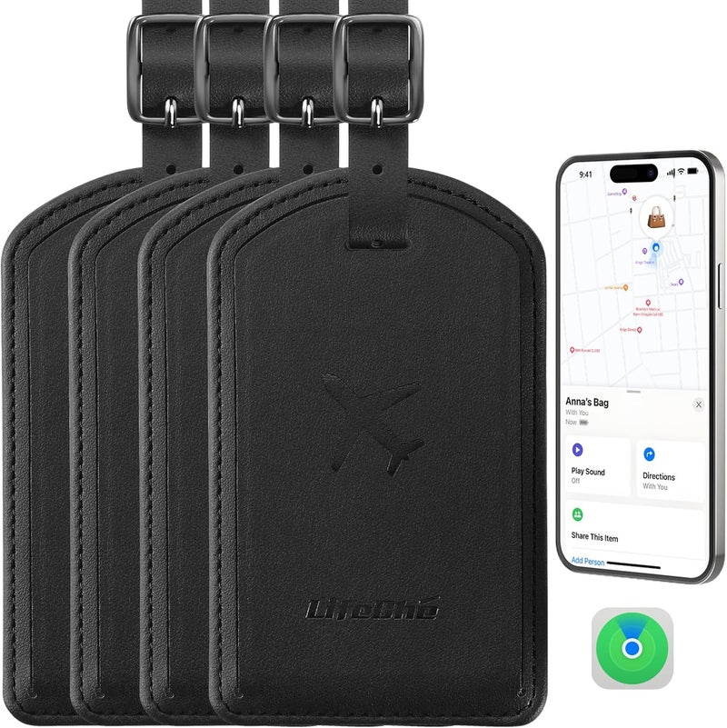 LifeChé Luggage Tags Built-in Anti-Loss Tracker, Luxury Leather Luggage Tags for Suitcase, Travel Bags, Backpacks, Travel Organizer for Lost Baggage Prevention (Black*4 Pack) - Image 1